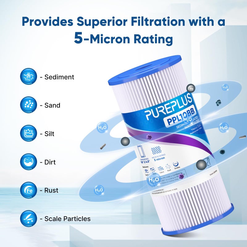 Pure Plus PUREPLUS 5 Micron 10" x 4.5" Whole House Pleated Sediment Filter for Well Water, Replacement Cartridge for GE FXHSC, Culligan R50-BBSA, Pentek R50-BB, DuPont WFHDC3001, W50PEHD, GXWH40L, 3Pack - Image 4